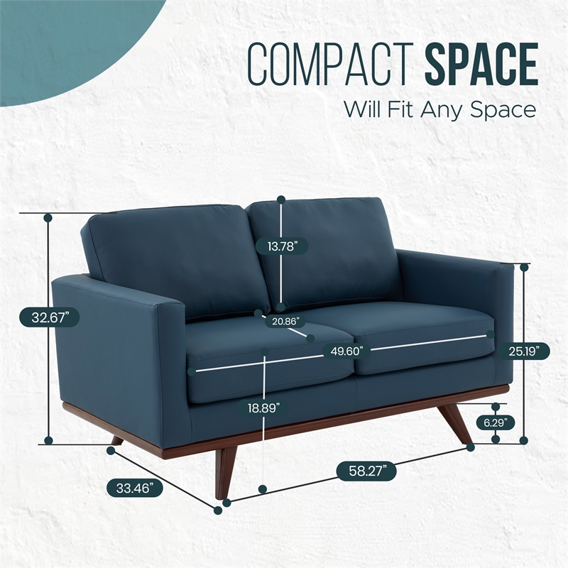 LeisureMod Chester Modern Faux Leather Loveseat With Birch Wood Base Navy Blue