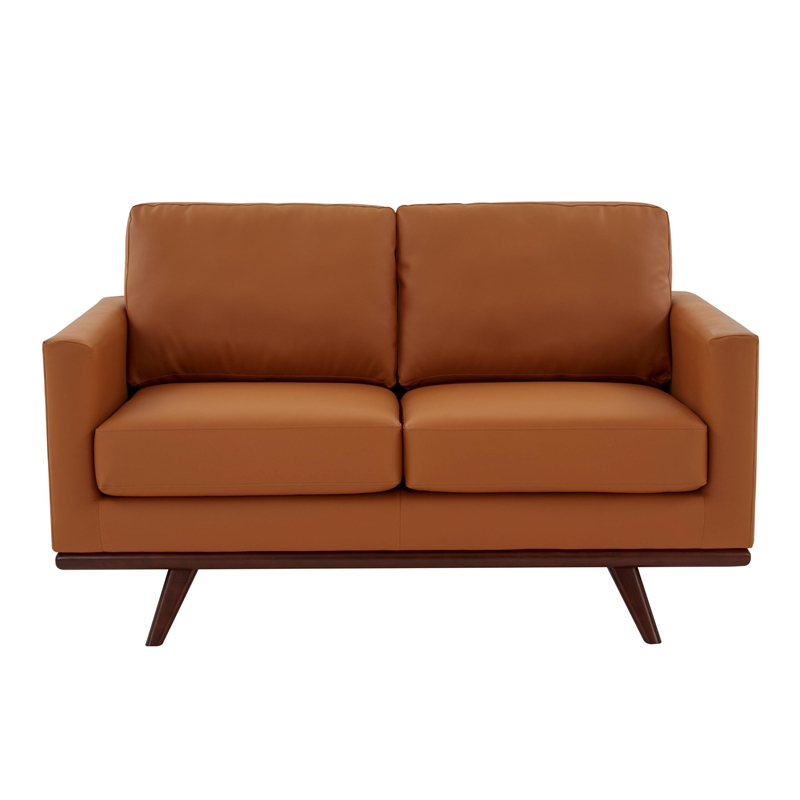 LeisureMod Chester Modern Faux Leather Loveseat With Birch Wood Base Cognac Tan