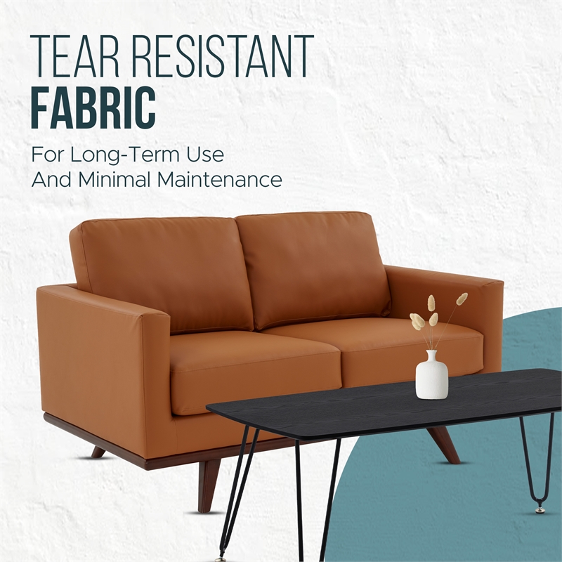 LeisureMod Chester Modern Faux Leather Loveseat With Birch Wood Base Cognac Tan