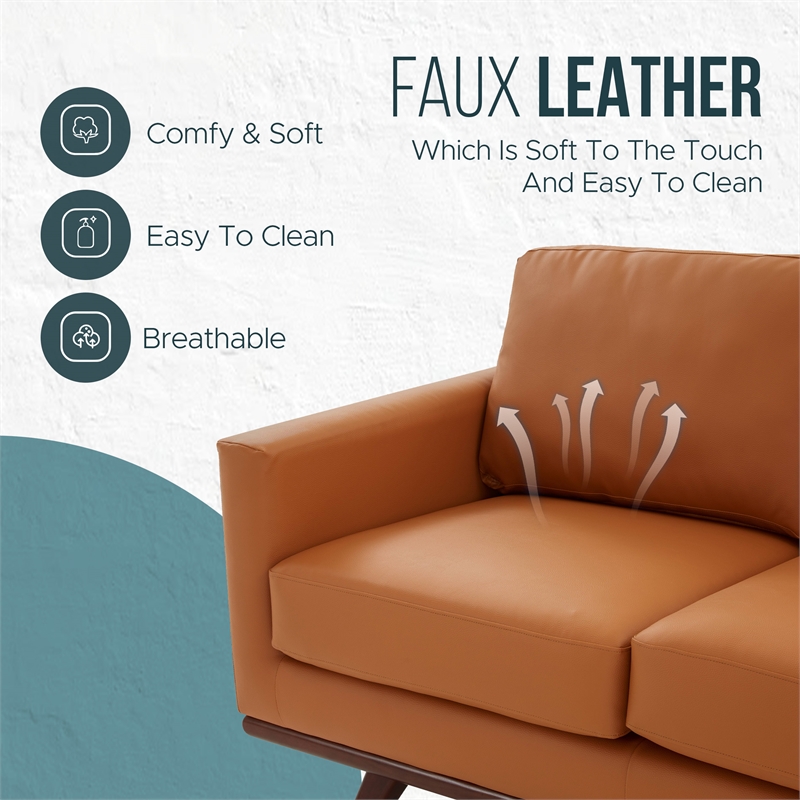LeisureMod Chester Modern Faux Leather Loveseat With Birch Wood Base Cognac Tan