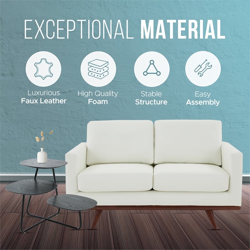LeisureMod Chester Modern Faux Leather Loveseat With Birch Wood Base White