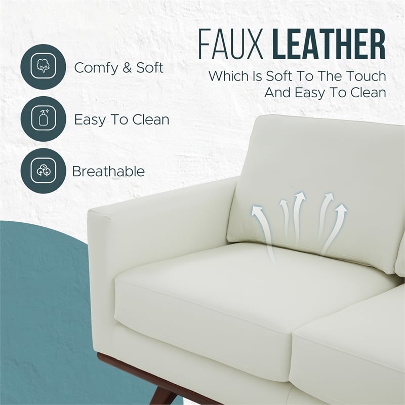 LeisureMod Chester Modern Faux Leather Loveseat With Birch Wood Base White