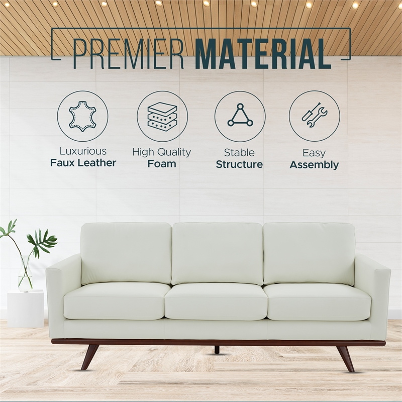 LeisureMod Chester Modern Faux Leather Sofa with Birch Wood Base White