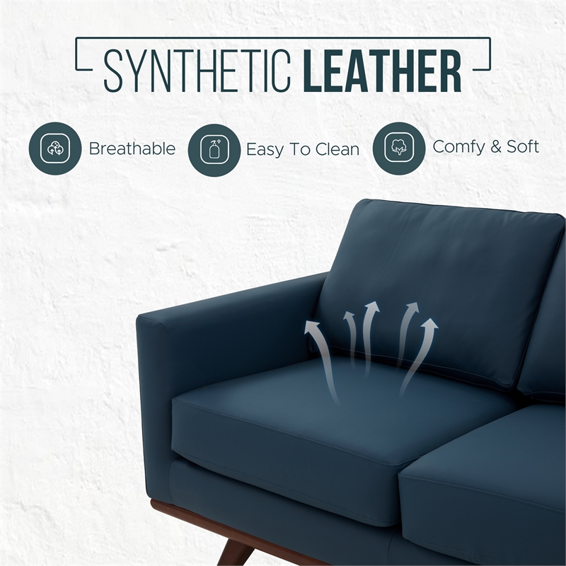 LeisureMod Chester Modern Faux Leather Sofa with Birch Wood Base Navy Blue