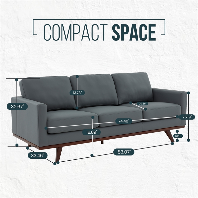 LeisureMod Chester Modern Faux Leather Sofa with Birch Wood Base Gray
