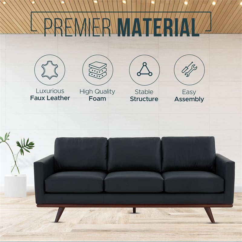 LeisureMod Chester Modern Faux Leather Sofa with Birch Wood Base Black