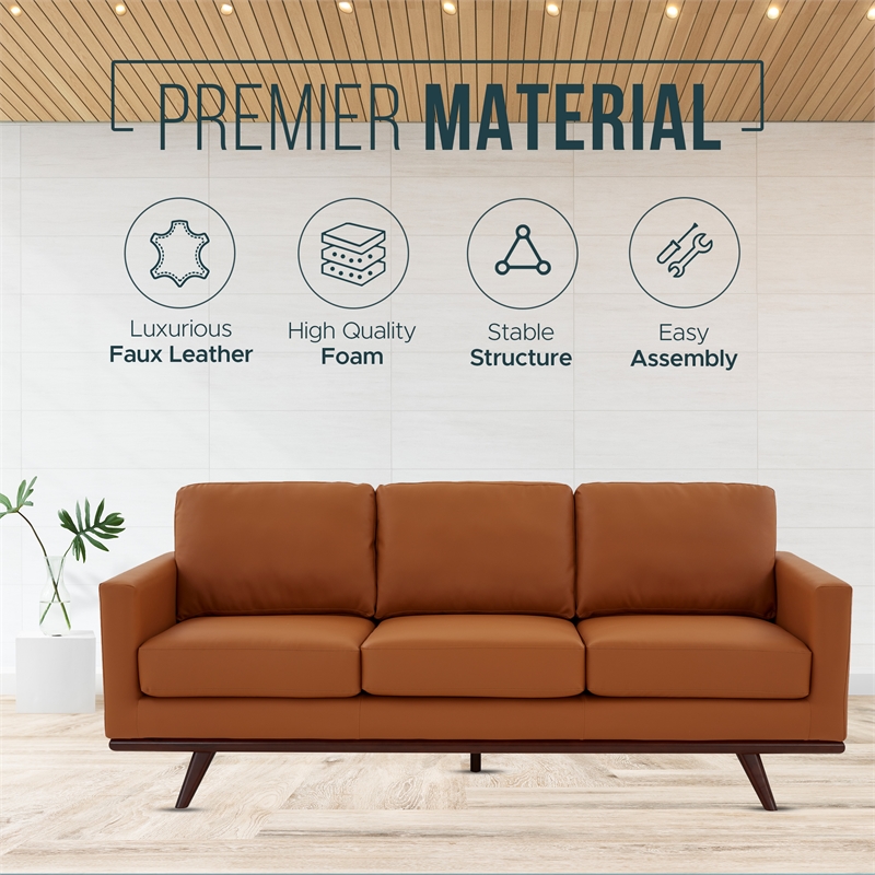LeisureMod Chester Modern Faux Leather Sofa with Birch Wood Base Cognac Tan