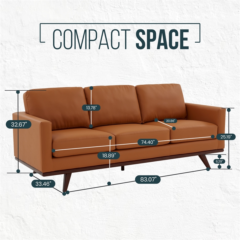 LeisureMod Chester Modern Faux Leather Sofa with Birch Wood Base Cognac Tan