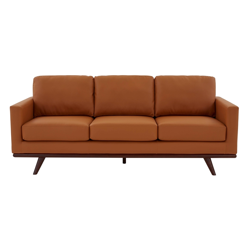LeisureMod Chester Modern Faux Leather Sofa with Birch Wood Base Cognac Tan