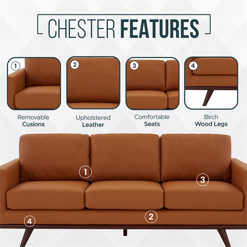 LeisureMod Chester Modern Faux Leather Sofa with Birch Wood Base Cognac Tan