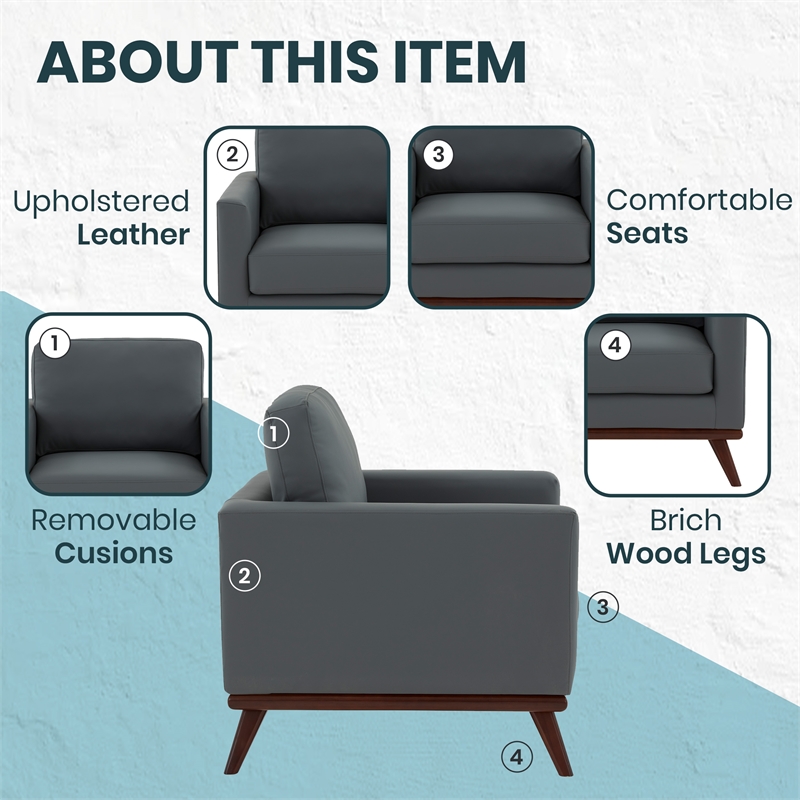 LeisureMod Chester Modern Faux Leather Arm Chair With Birch Wood Base Gray