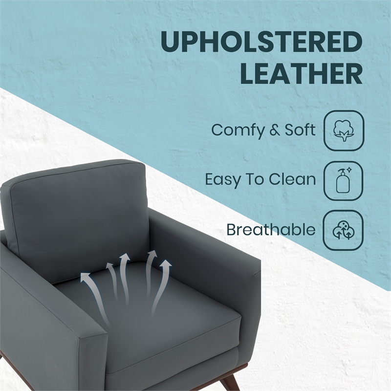 LeisureMod Chester Modern Faux Leather Arm Chair With Birch Wood Base Gray