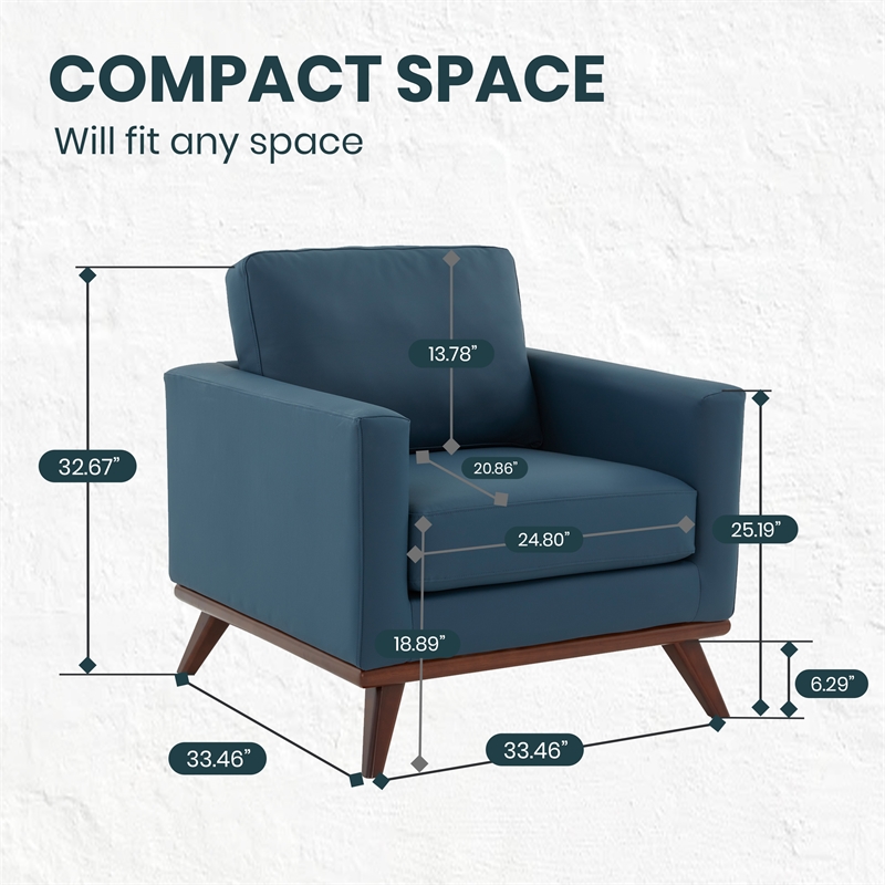 LeisureMod Chester Modern Faux Leather Arm Chair With Birch Wood Base Navy Blue