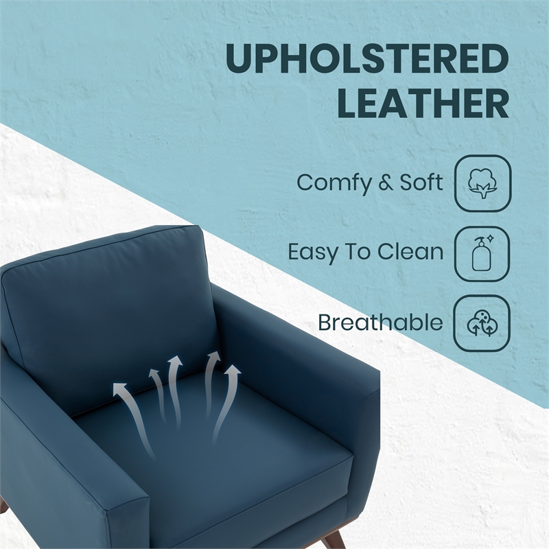 LeisureMod Chester Modern Faux Leather Arm Chair With Birch Wood Base Navy Blue