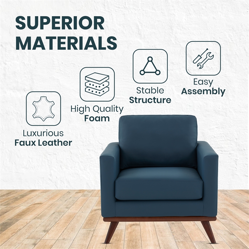 LeisureMod Chester Modern Faux Leather Arm Chair With Birch Wood Base Navy Blue