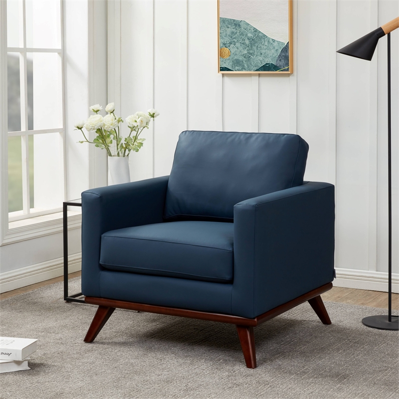 LeisureMod Chester Modern Faux Leather Arm Chair With Birch Wood Base Navy Blue
