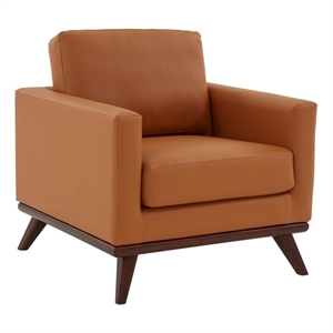 LeisureMod Chester Modern Faux Leather Arm Chair With Birch Wood Base Cognac Tan