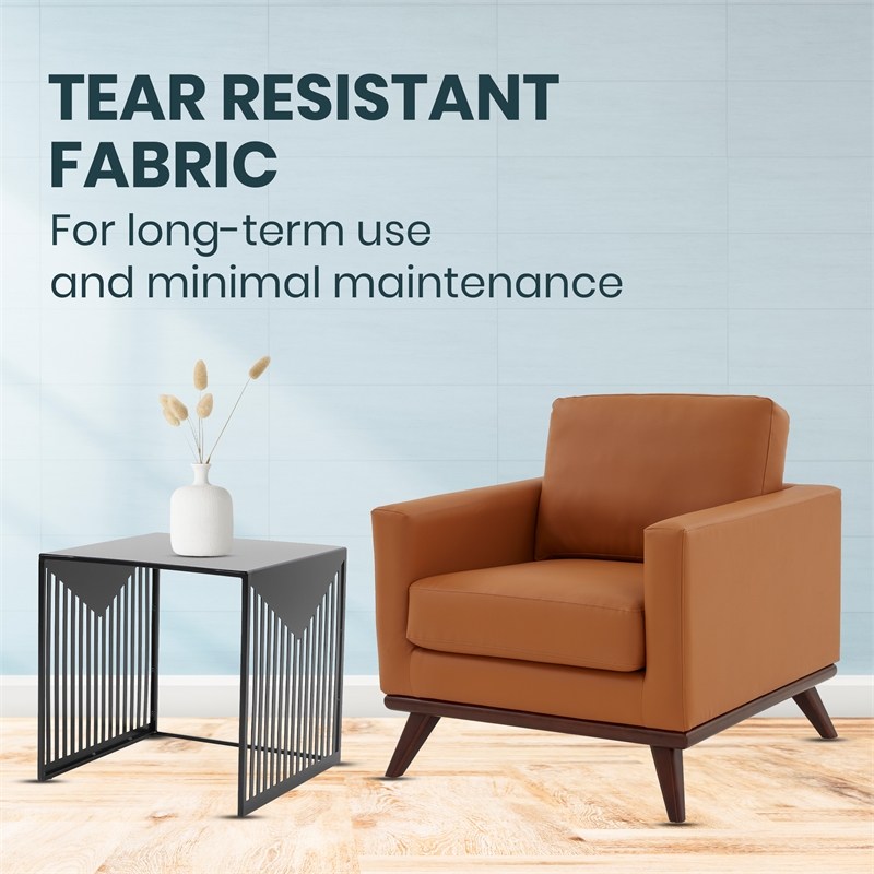 LeisureMod Chester Modern Faux Leather Arm Chair With Birch Wood Base Cognac Tan