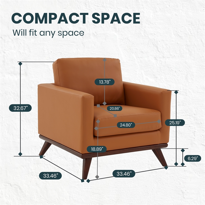 LeisureMod Chester Modern Faux Leather Arm Chair With Birch Wood Base Cognac Tan