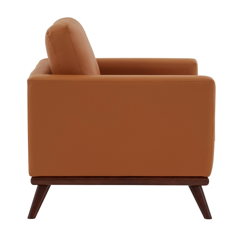 LeisureMod Chester Modern Faux Leather Arm Chair With Birch Wood Base Cognac Tan