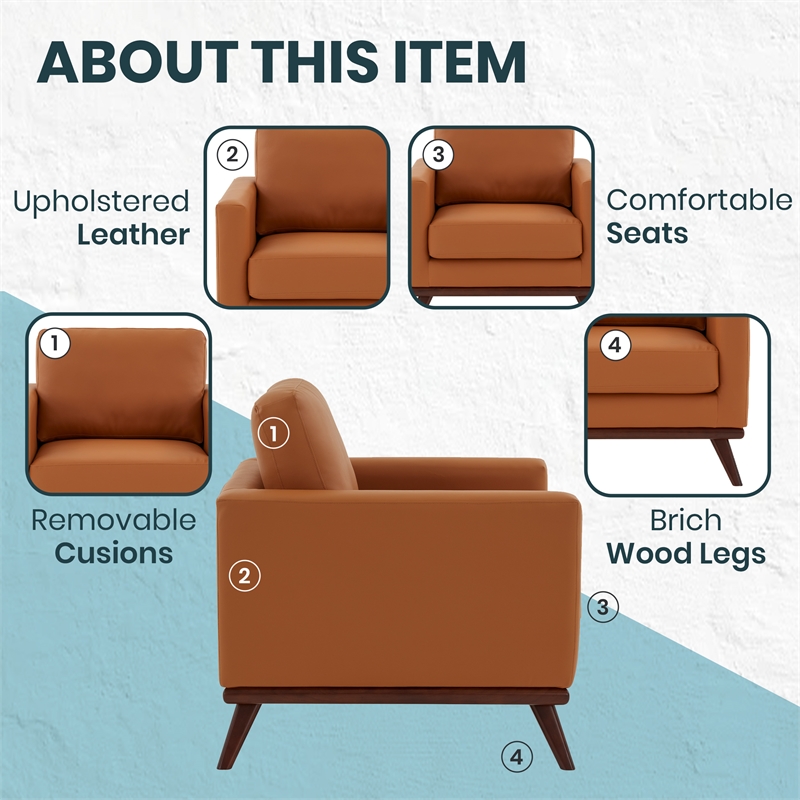 LeisureMod Chester Modern Faux Leather Arm Chair With Birch Wood Base Cognac Tan