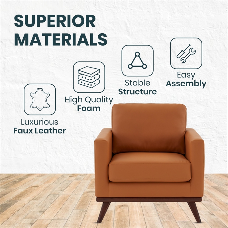LeisureMod Chester Modern Faux Leather Arm Chair With Birch Wood Base Cognac Tan