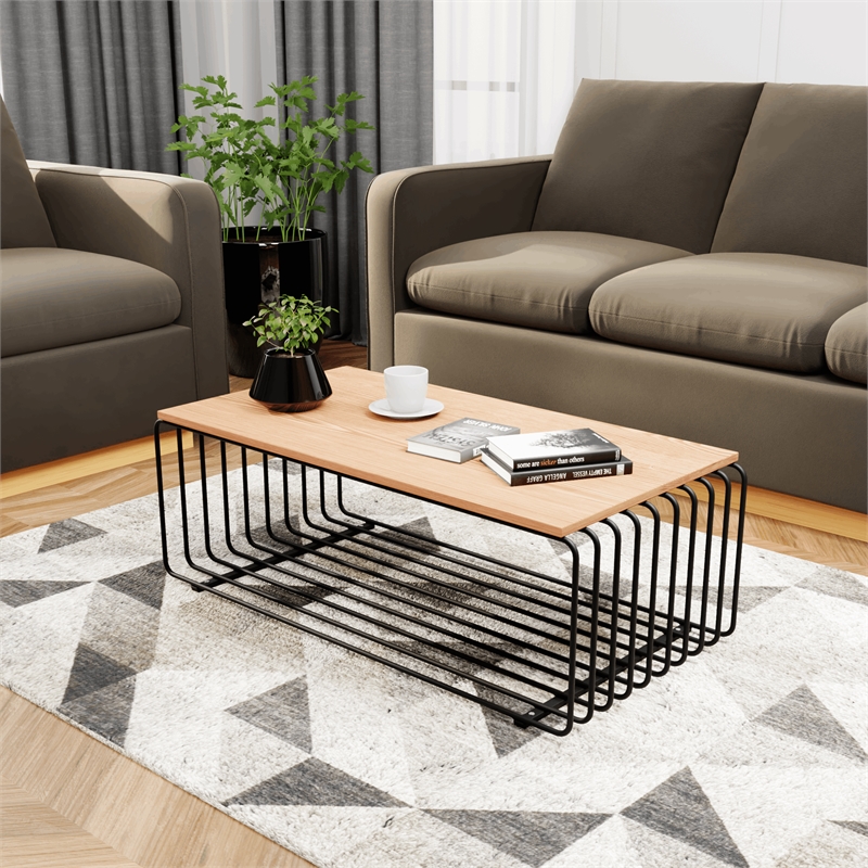 LeisureMod Walden Rectangular Wood Coffee Table Powder Coated Steel Frame Black