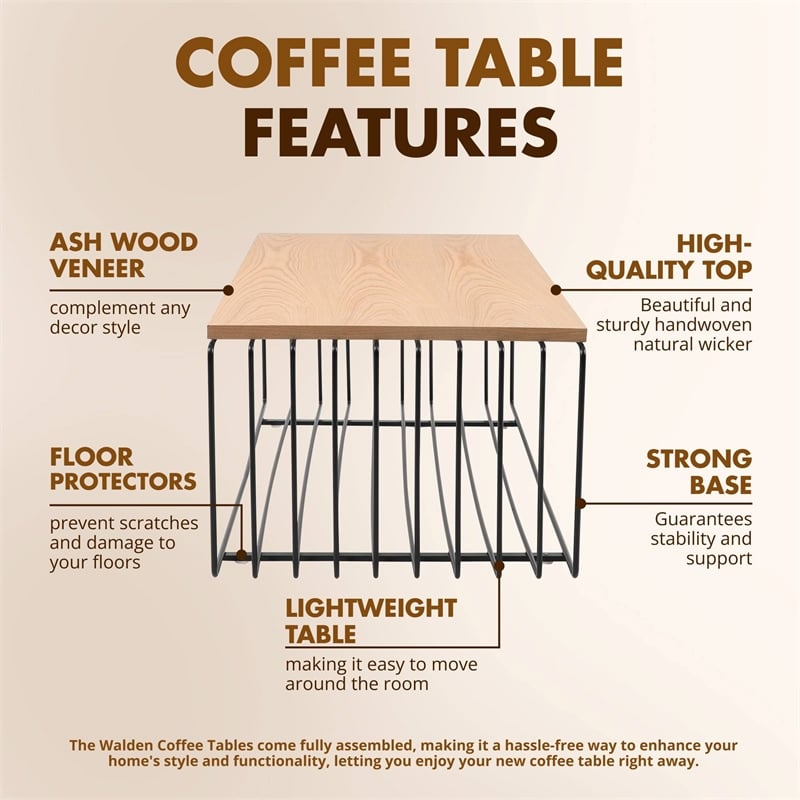 LeisureMod Walden Rectangular Wood Coffee Table Powder Coated Steel Frame Black