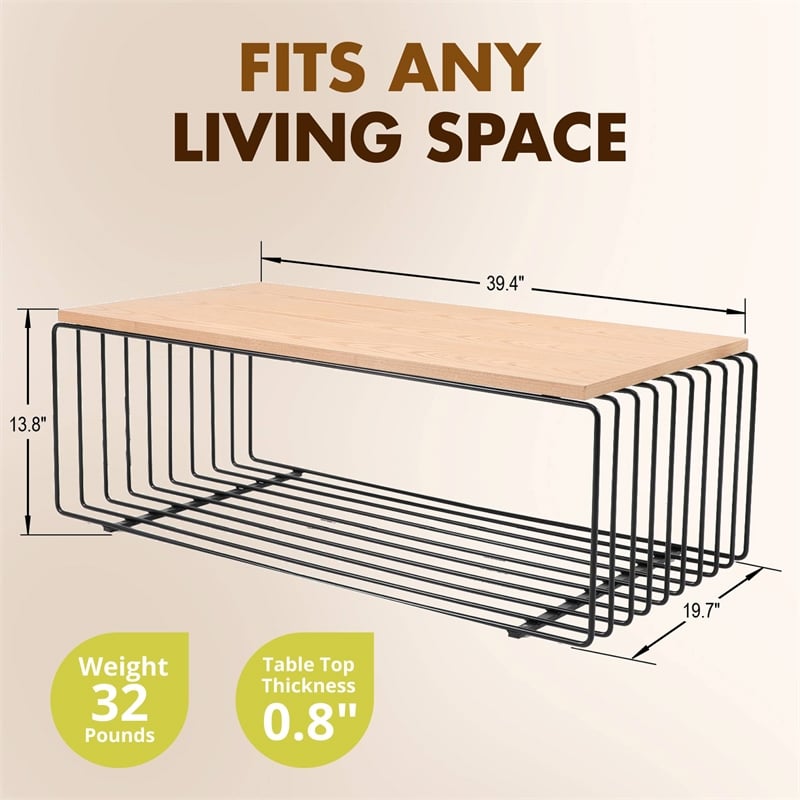 LeisureMod Walden Rectangular Wood Coffee Table Powder Coated Steel Frame Black