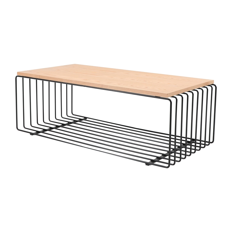 LeisureMod Walden Rectangular Wood Coffee Table Powder Coated Steel Frame Black