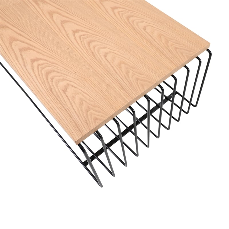 LeisureMod Walden Rectangular Wood Coffee Table Powder Coated Steel Frame Black