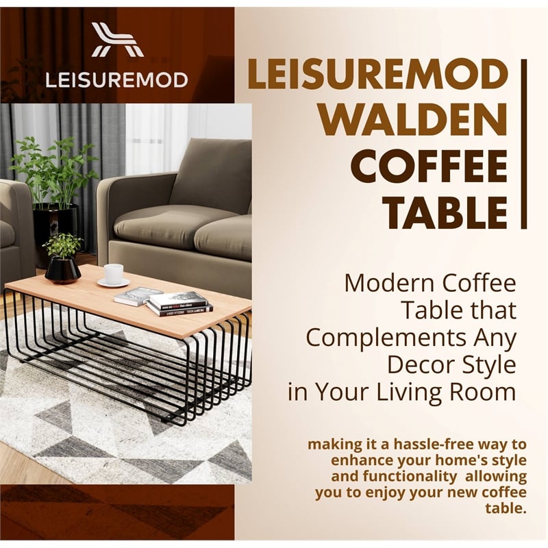 LeisureMod Walden Rectangular Wood Coffee Table Powder Coated Steel Frame Black