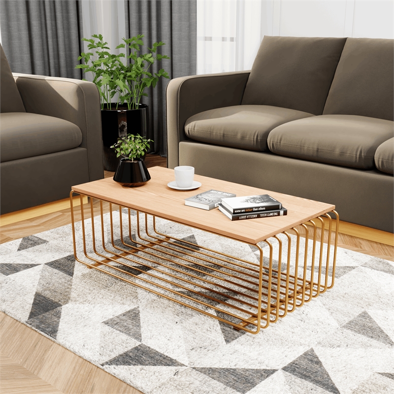 LeisureMod Walden Rectangular Wood Coffee Table Powder Coated Steel Frame Gold