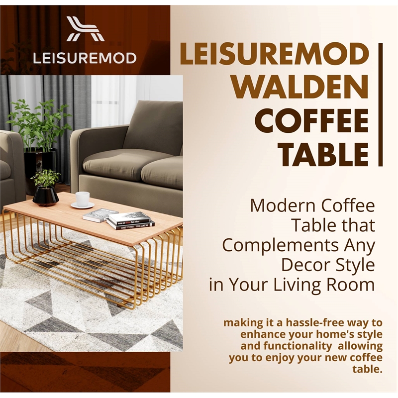 LeisureMod Walden Rectangular Wood Coffee Table Powder Coated Steel Frame Gold