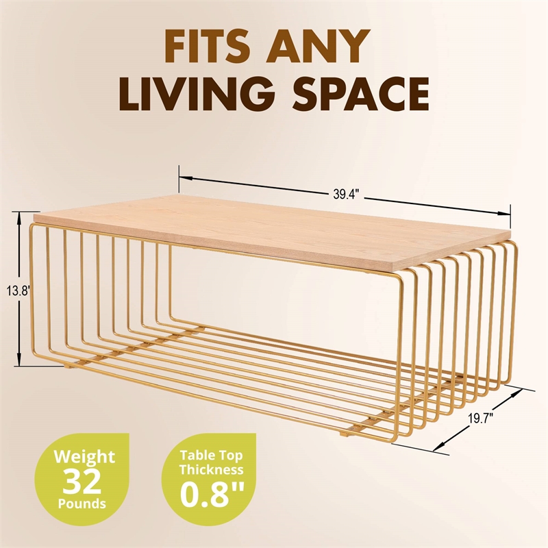 LeisureMod Walden Rectangular Wood Coffee Table Powder Coated Steel Frame Gold