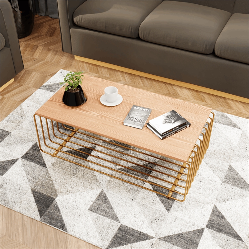 LeisureMod Walden Rectangular Wood Coffee Table Powder Coated Steel Frame Gold