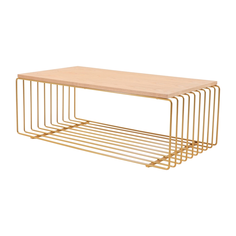 LeisureMod Walden Rectangular Wood Coffee Table Powder Coated Steel Frame Gold