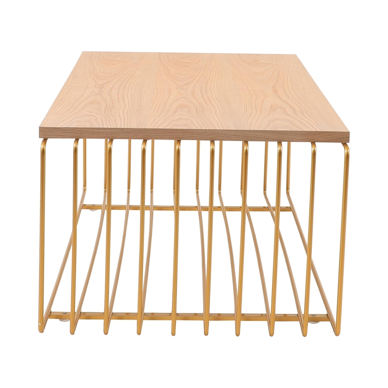 LeisureMod Walden Rectangular Wood Coffee Table Powder Coated Steel Frame Gold