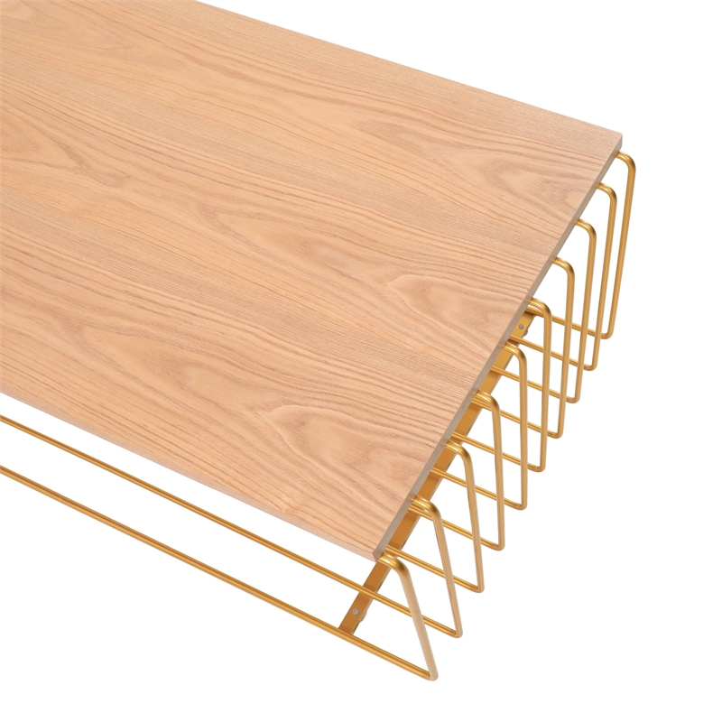 LeisureMod Walden Rectangular Wood Coffee Table Powder Coated Steel Frame Gold