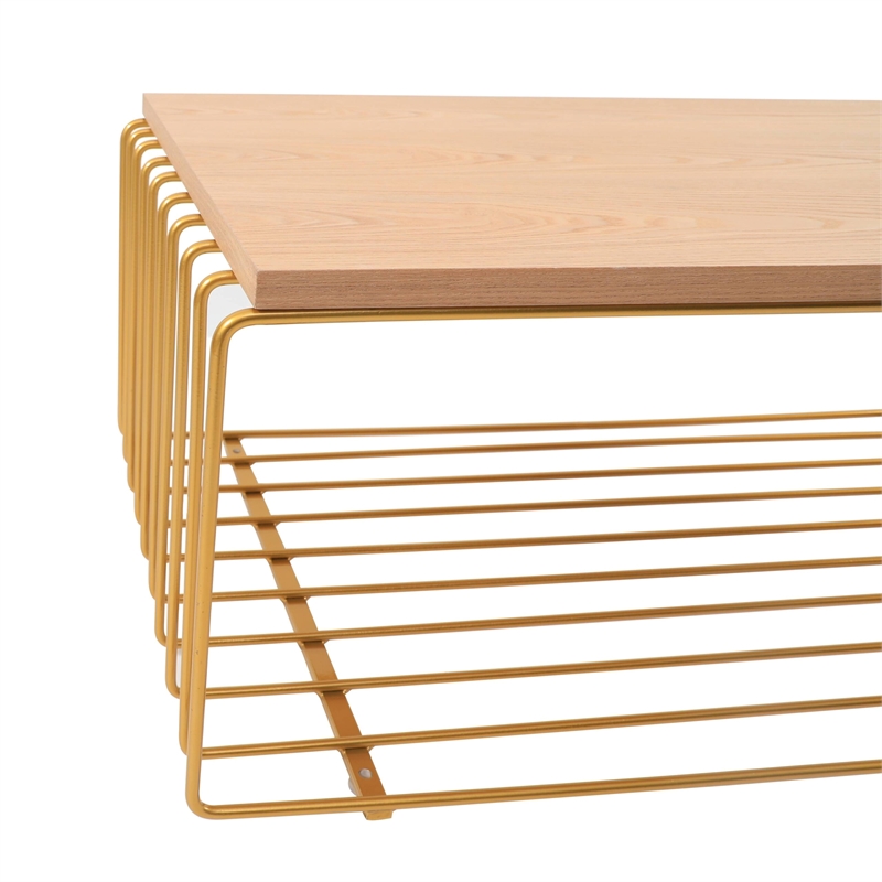 LeisureMod Walden Rectangular Wood Coffee Table Powder Coated Steel Frame Gold