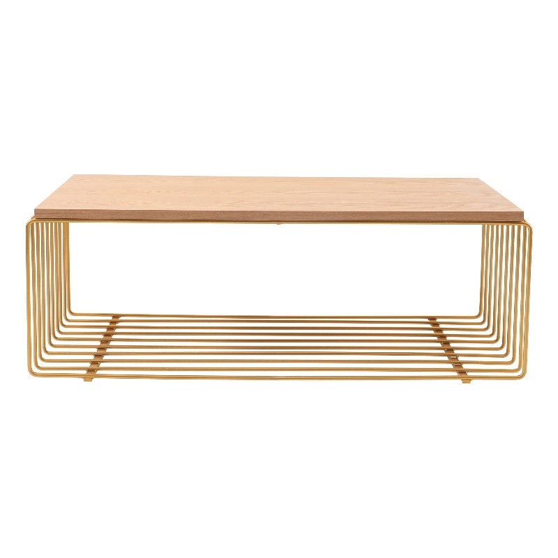 LeisureMod Walden Rectangular Wood Coffee Table Powder Coated Steel Frame Gold