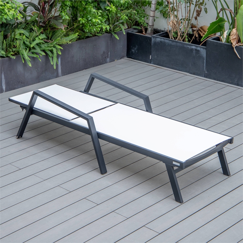 LeisureMod Marlin Patio Chaise Lounge Chair With Arms Aluminum Frame White