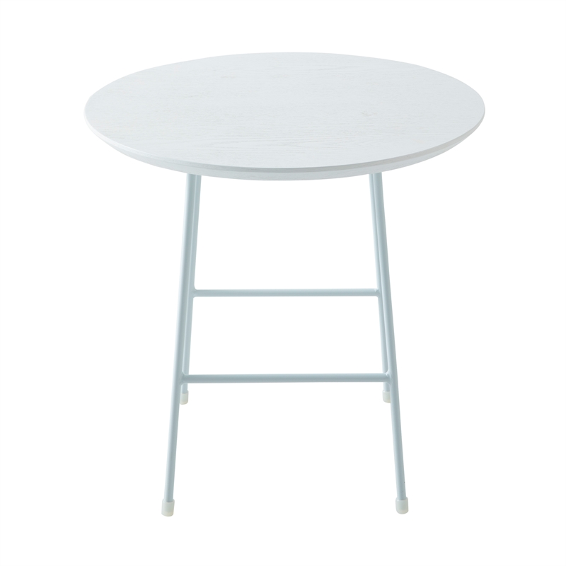 LeisureMod Rossmore Round Side Table With Wood Top and White Frame White
