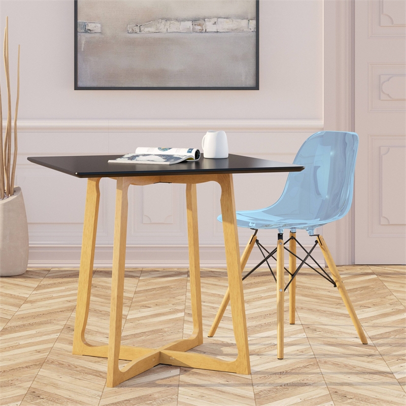 LeisureMod Dover Molded ABS Plastic Side Chair With Wood Legs Transparent Blue