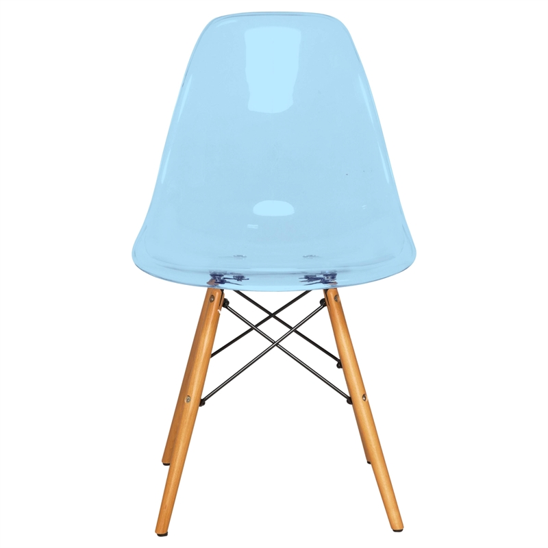 LeisureMod Dover Molded ABS Plastic Side Chair With Wood Legs Transparent Blue