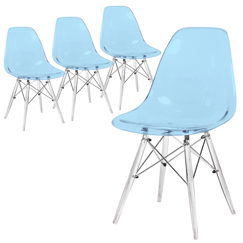LeisureMod Dover Plastic Transparent Dining Chair Set of 4 Transparent Blue