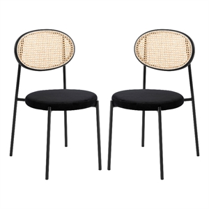 LeisureMod Euston Dining Chair with Wicker Back & Velvet Seat Set of 2 Black