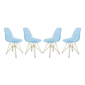 LeisureMod Cresco Plastic Dining Chair with Gold Base Set of 4 Transparent Blue