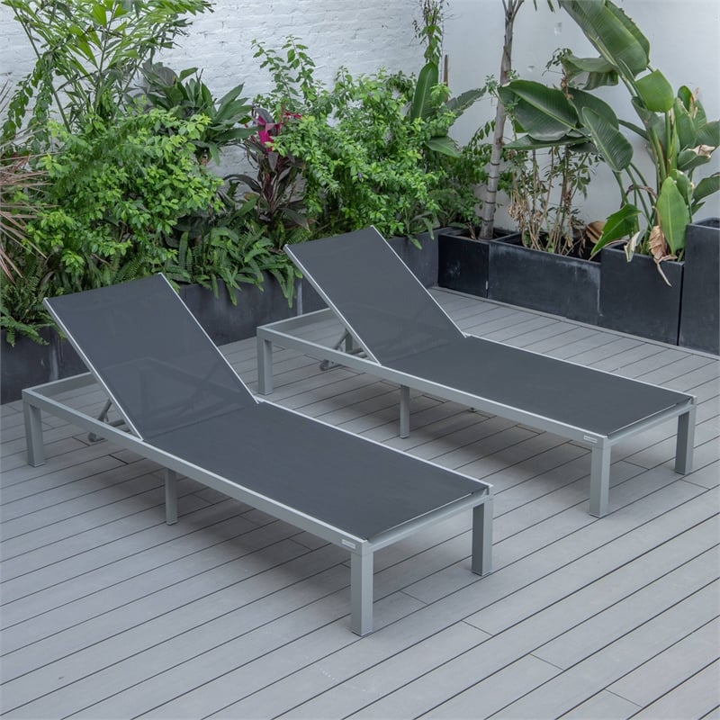 LeisureMod Marlin Patio Chaise Lounge Aluminum Grey Frame Set of 2 Black