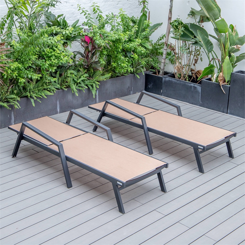 LeisureMod Marlin Patio Chaise Lounge Aluminum Black Arms Set of 2 Light Brown